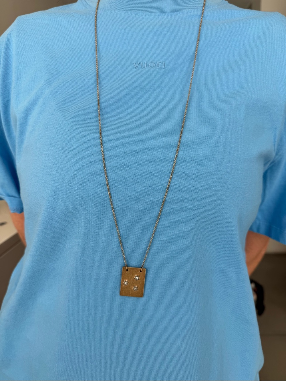 Rectangular Pendant Necklace - plated gold with white CZ stones